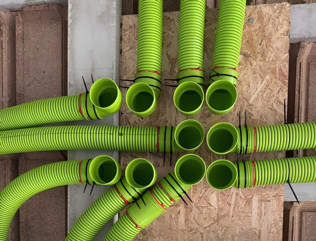 Gaines semi-rigides vertes installées pour un réseau de VMC simple flux.